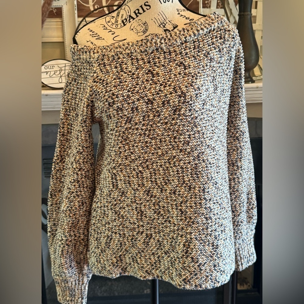 Viktoria & Woods Chunky Knit Sweater Jumper Blue Brown Speckled Off Shoulder - Picture 3 of 9